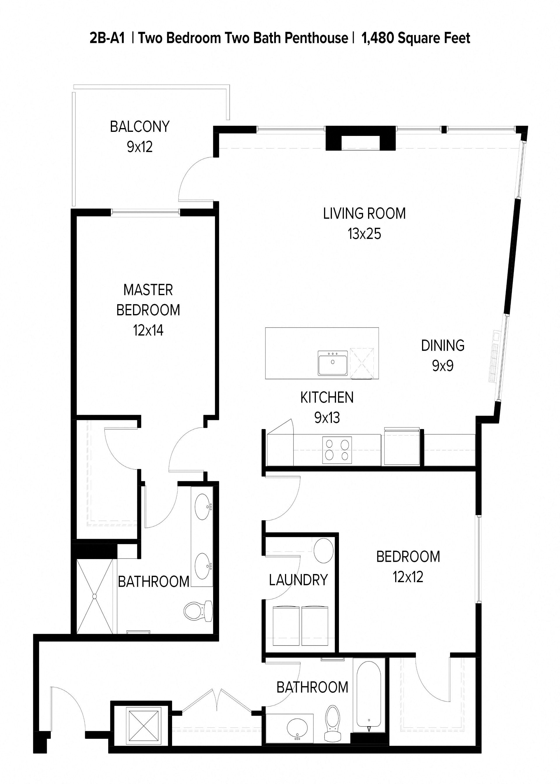Floor plan for 2 beds, 2 baths, 1480 sqft